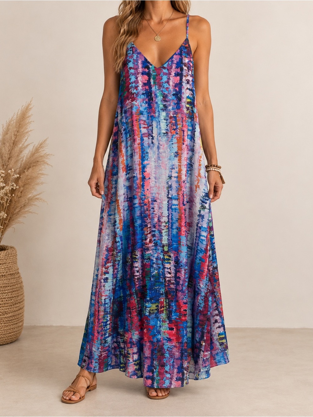 Multicolor Abstract Print Racerback Maxi Dress Sleeveless Boho Resort